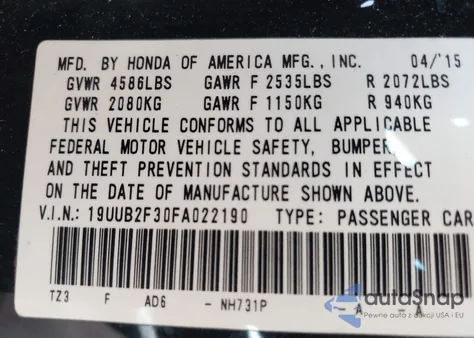 2015 Acura Tlx V6 from USA, damaged, VIN 19UUB2F30FA022190